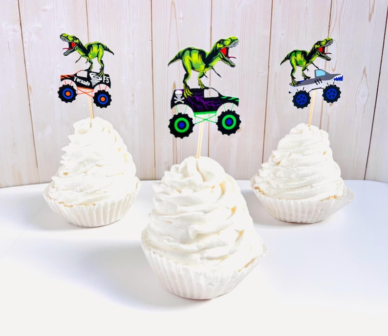 monster truck and t-rex cupcake toppers featuring dragon, megalodon, el toro loco, tornado and grave digger