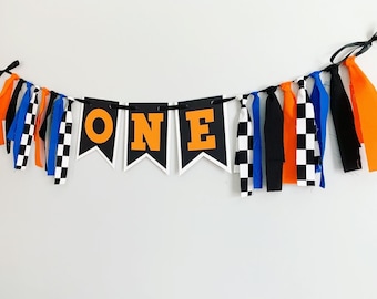 racing custom banner birthday decorations, high chair banner, checkered flag, fast one, two fast, formula 1, hot wheels, Talladega Nights