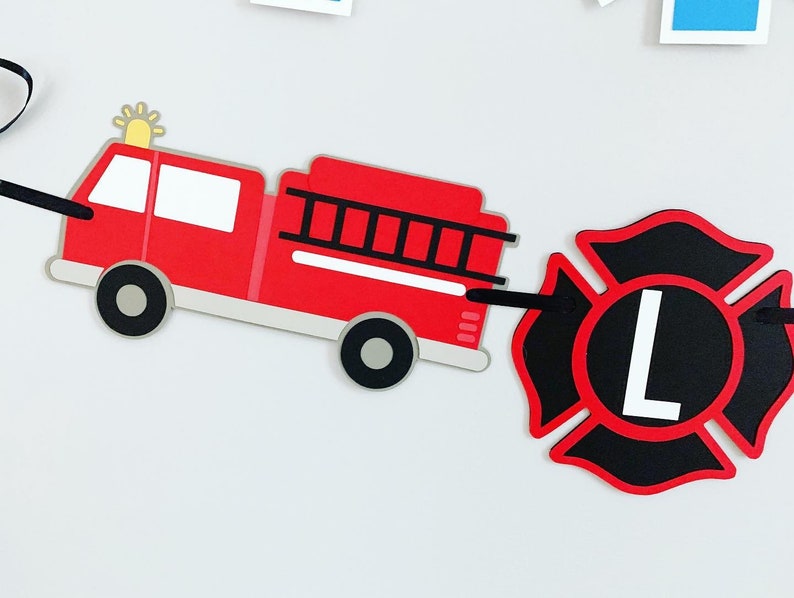 first responders emergency vehicle happy birthday banner featuring police car and badges, EMT ambulance and emblem, firetruck and fire emblem
