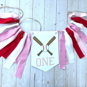 pink baseball party, rockford peaches baseball high chair banner, girl pink baseball cake smash banner, a league of their own birthday