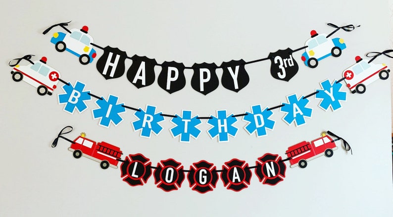 first responders emergency vehicle happy birthday banner featuring police car and badges, EMT ambulance and emblem, firetruck and fire emblem