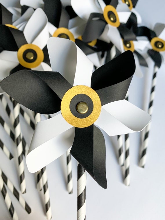 Black White Gold Pinwheelsblack White Gold Wedding Table Center Decorblack  Gold Party Decorationsblack Gold Weddingblack White Pinwheels 