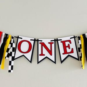 Racing Fast One Banner, Race Car 1st Birthday Decor, Two Fast, Formula 1 white, yellow, red