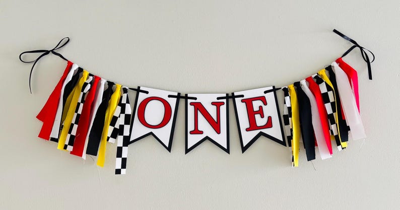 Racing Fast One Banner, Race Car 1st Birthday Decor, Two Fast, Formula 1 white, yellow, red