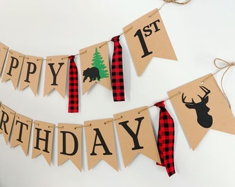 lumberjack first birthday decorations, lumberjack happy birthday banner, red plaid birthday decorations, woodland birthday decorations