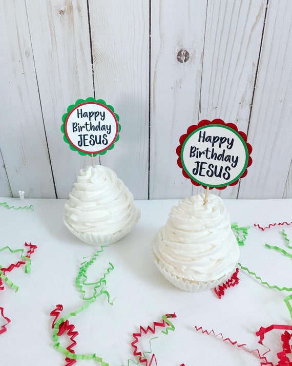 Happy Birthday Jesus Cupcake Toppers*Red and Green cupcake toppers*Happy Birthday Jesus Party Decorations*Christmas Cupcake Toppers Il_570xn
