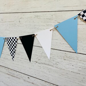 Checkered Flag Racing Pennant Banner, Race Car Birthday Decor, Motocross Decorations, Fast One, Two Fast, Winner's Circle, Racing Bedroom Light Blue