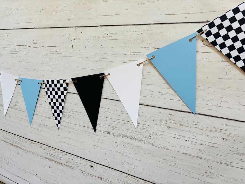 Checkered Flag Racing Pennant Banner, Race Car Birthday Decor, Motocross Decorations, Fast One, Two Fast, Winner's Circle, Racing Bedroom Light Blue