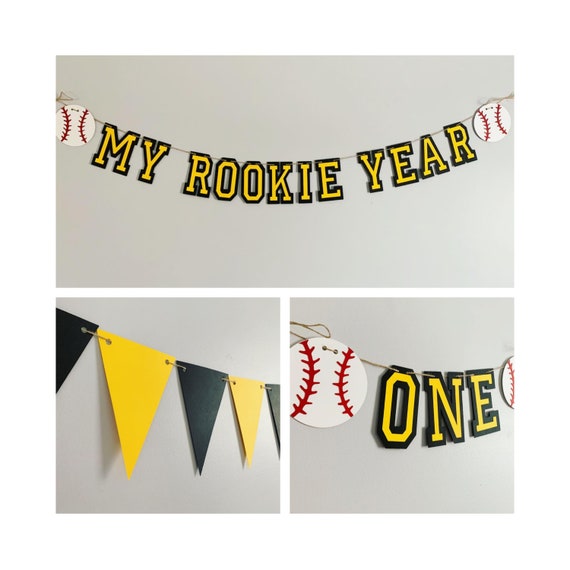 baseball sports team birthday decorations, baseball birthday, sports team colors, black and yellow baseball decorations, custom sports team Il_570xn