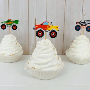 monster jam monster truck cupcake toppers featuring grave digger, el toro loco, megalodon, dragon and tornado