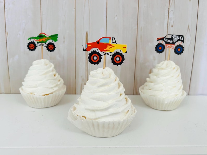 monster jam monster truck cupcake toppers featuring grave digger, el toro loco, megalodon, dragon and tornado