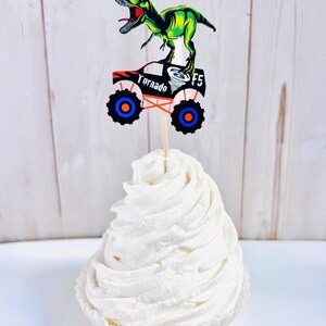 monster truck and t-rex cupcake toppers featuring dragon, megalodon, el toro loco, tornado and grave digger