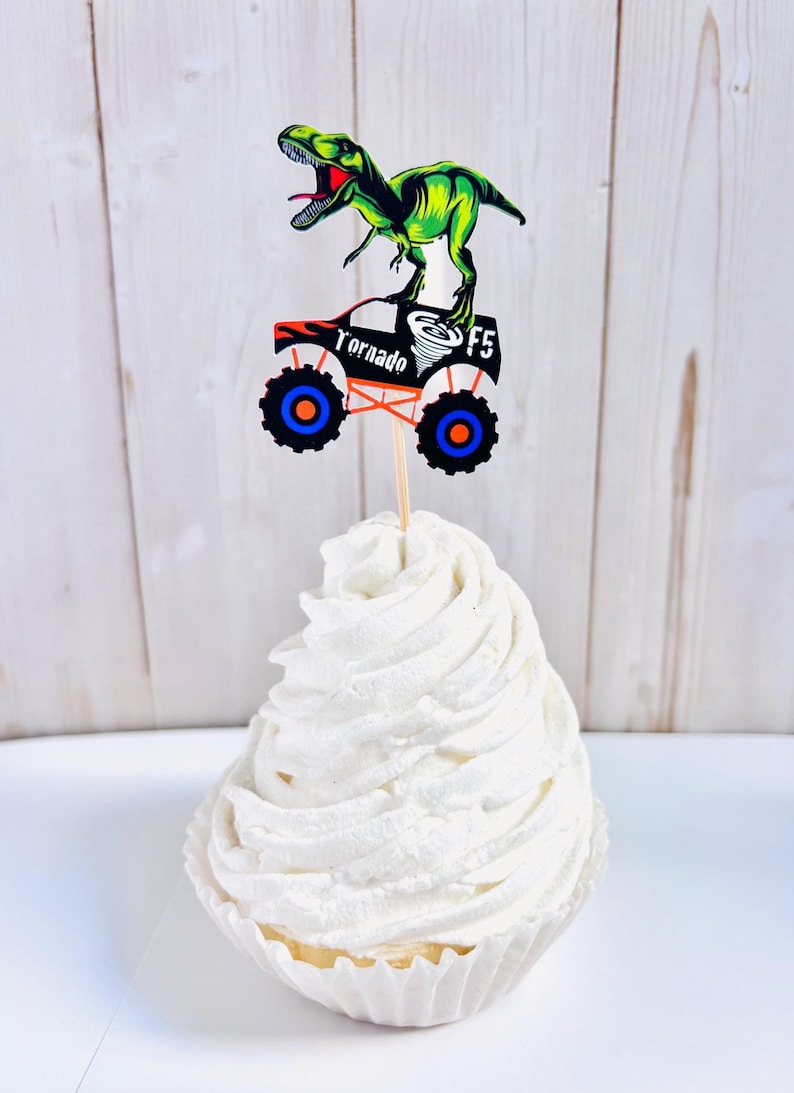 monster truck and t-rex cupcake toppers featuring dragon, megalodon, el toro loco, tornado and grave digger