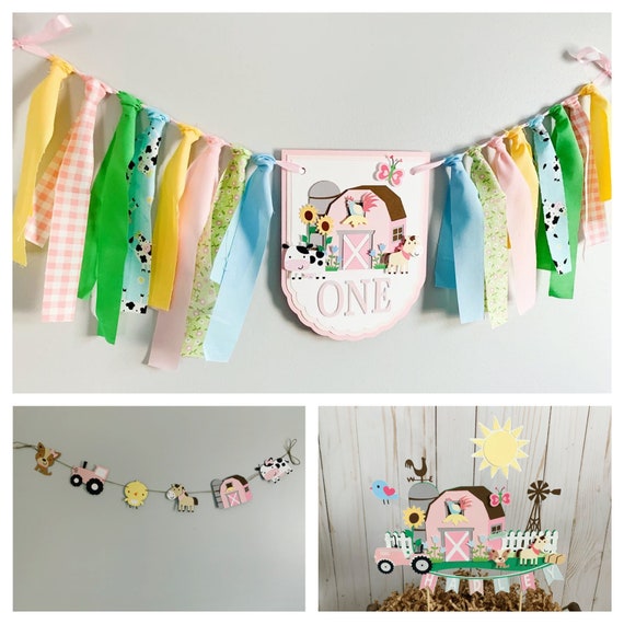 pink barnyard birthday decorations, girl barnyard birthday, shabby chic barnyard animal birthday, high chair banner, farm animals birthday Il_570xn