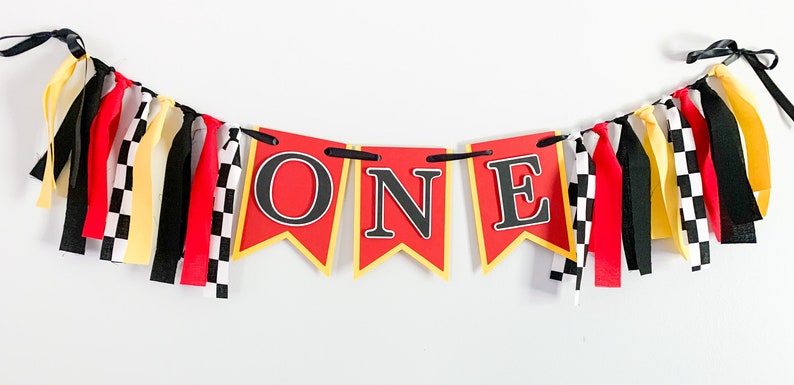 racing high chair first birthday banner