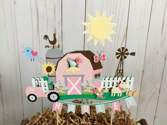 barnyard birthday decorations, pink barnyard birthday, pink barn cake topper, pink barnyard baby shower decorations, barnyard cake topper Il_570xn
