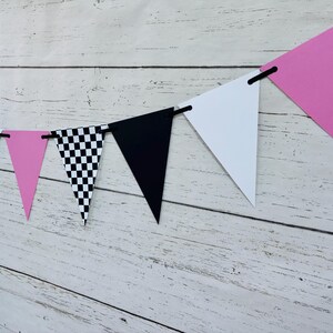 Checkered Flag Racing Pennant Banner, Race Car Birthday Decor, Motocross Decorations, Fast One, Two Fast, Winner's Circle, Racing Bedroom Pink