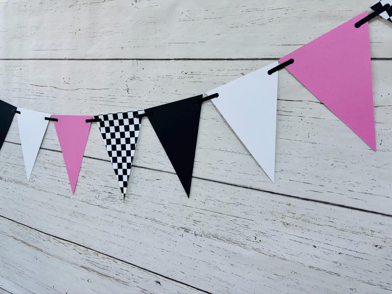 Checkered Flag Racing Pennant Banner, Race Car Birthday Decor, Motocross Decorations, Fast One, Two Fast, Winner's Circle, Racing Bedroom Pink