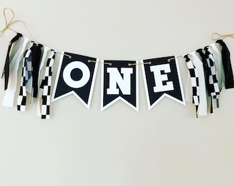 race car birthday decorations, black white race car high chair banner, checkered flag racing birthday decorations, race car first birthday