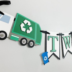 garbage truck birthday party, trash truck party, recycling truck birthday, garbage recycling truck age banner, garbage truck name banner