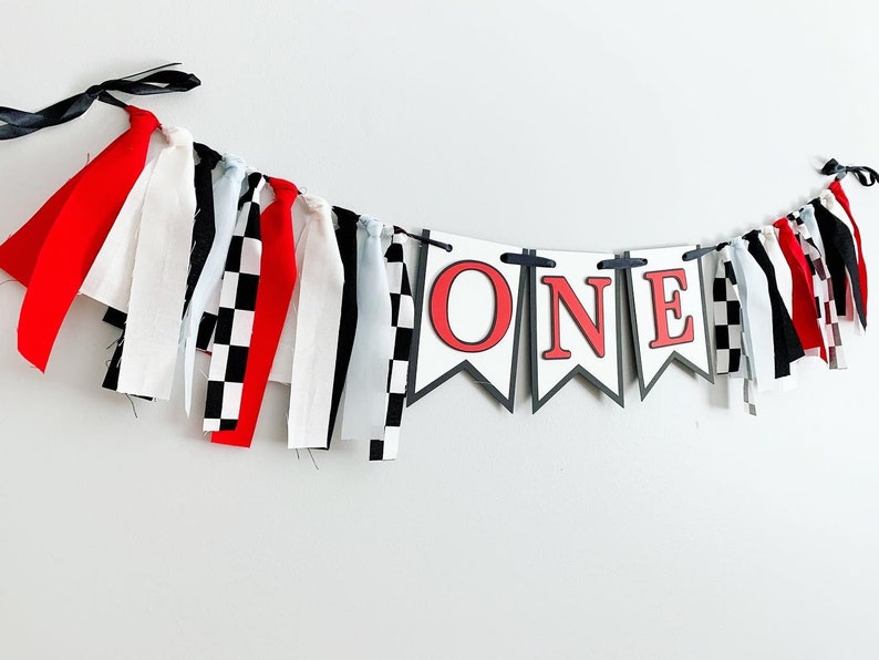 black white red pale sky blue checkerede flag fast one first birthday decorations high chair banner