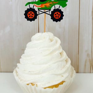 monster jam monster truck cupcake toppers featuring grave digger, el toro loco, megalodon, dragon and tornado