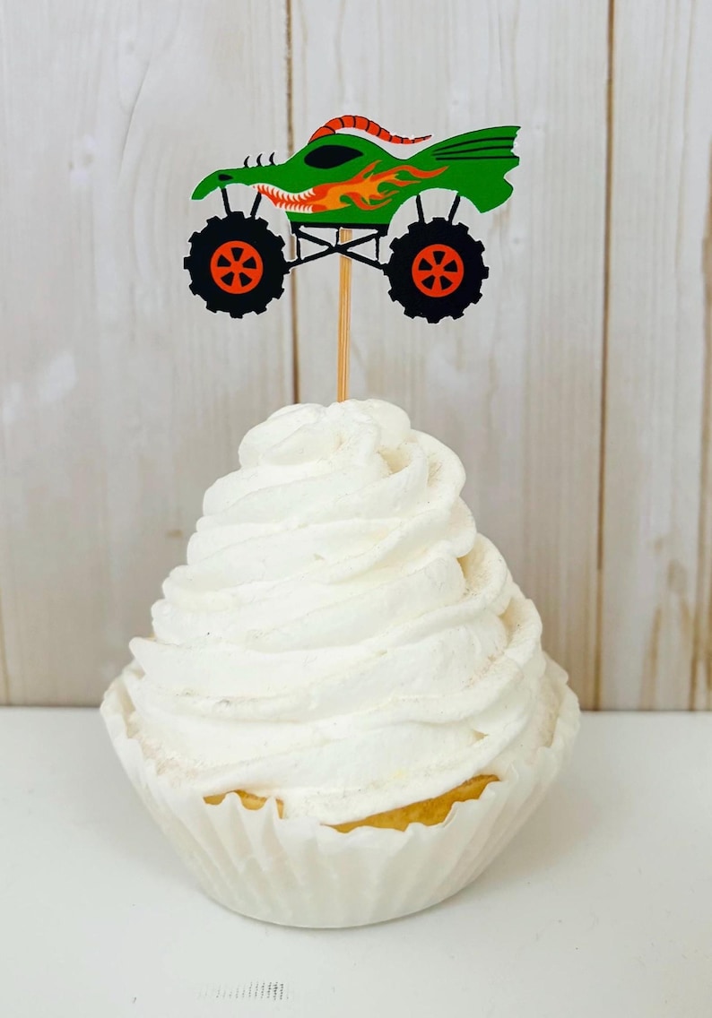 monster jam monster truck cupcake toppers featuring grave digger, el toro loco, megalodon, dragon and tornado
