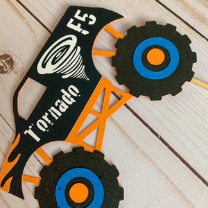 monster jam inspired truck cutouts that include grave digger, megladon, el toro loco, tornado and dragon