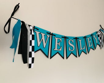 racing birthday party name banner, racing themed baby shower, monster truck birthday, dirt bike birthday, race car party, teal racing