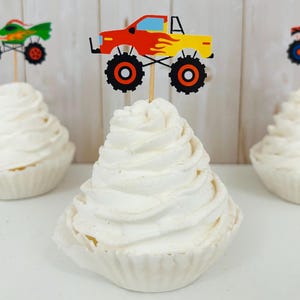 monster jam monster truck cupcake toppers featuring grave digger, el toro loco, megalodon, dragon and tornado