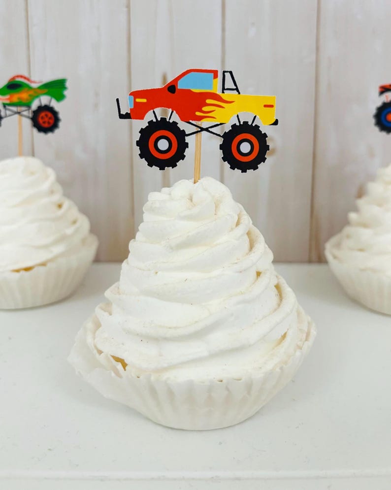 monster jam monster truck cupcake toppers featuring grave digger, el toro loco, megalodon, dragon and tornado