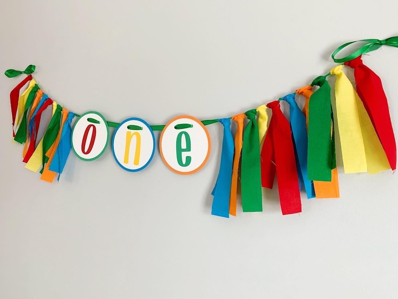 Let's have a ball, It's a ball to be one high chair banner featuring primary colors