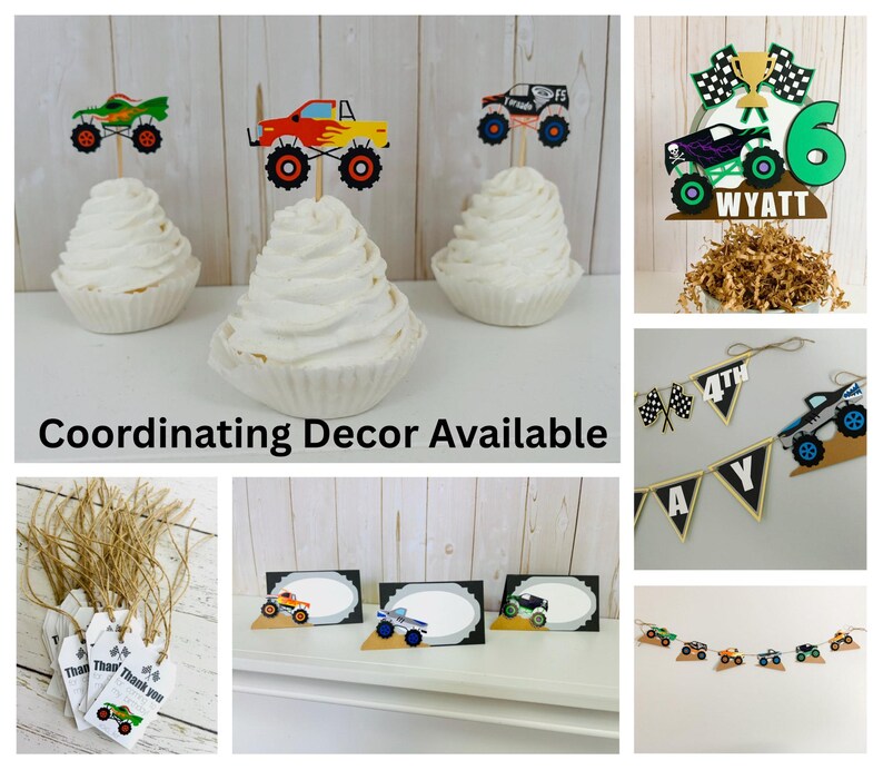 Decoraciones de cumpleaños de Monster Truck, camiones inspirados en Monster Jam, Grave Digger, Megladon, El Toro Loco, Dragon, Tornado, Monster Truck Rally imagen 9