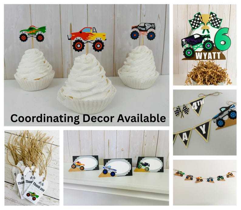 Monster Truck Birthday Decorations, Monster Truck Banner, Monster Truck Rally, Monster Jam, Grave Digger El Toro Loco Dragon Megalodon afbeelding 9