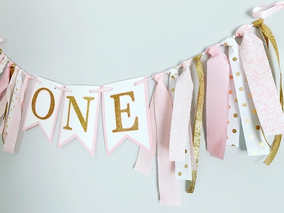 pink and gold first birthday decorations, pink gold high chair banner, pink gold cake smash banner, pink gold birthday decorations Il_570xn