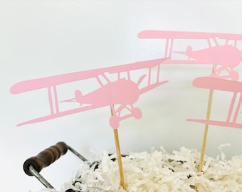 May include: Pink paper aeroplane cupcake toppers with wooden sticks. The aeroplanes are arranged in a basket filled with white shredded paper.