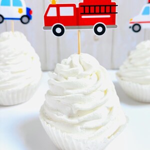 emergency vehicles cupcake toppers that include firetrucks, ambulances and police cars
