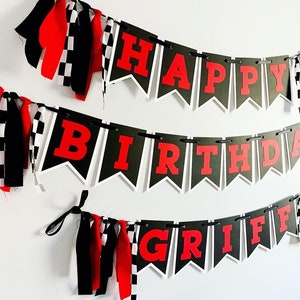 racing birthday decorations, race car birthday decorations, formula 1 racing, checkered flag racing banner, fast one, two fast, personalized
