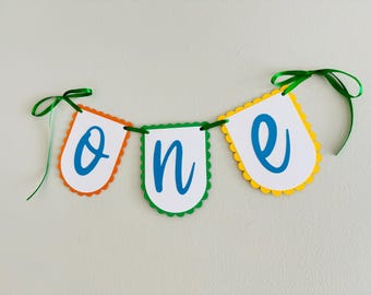 Rainbow custom phrase banner, primary colors birthday decorations, first birthday high chair banner