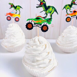 monster truck and t-rex cupcake toppers featuring dragon, megalodon, el toro loco, tornado and grave digger
