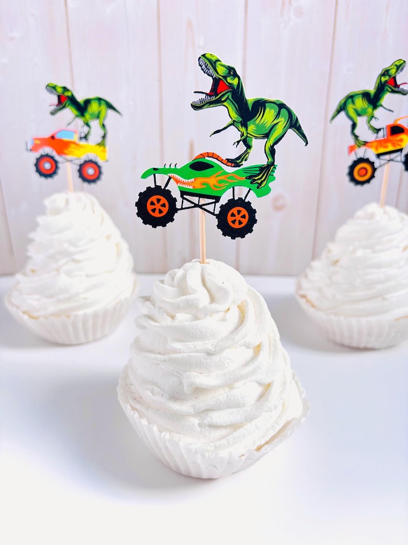 monster truck and t-rex cupcake toppers featuring dragon, megalodon, el toro loco, tornado and grave digger