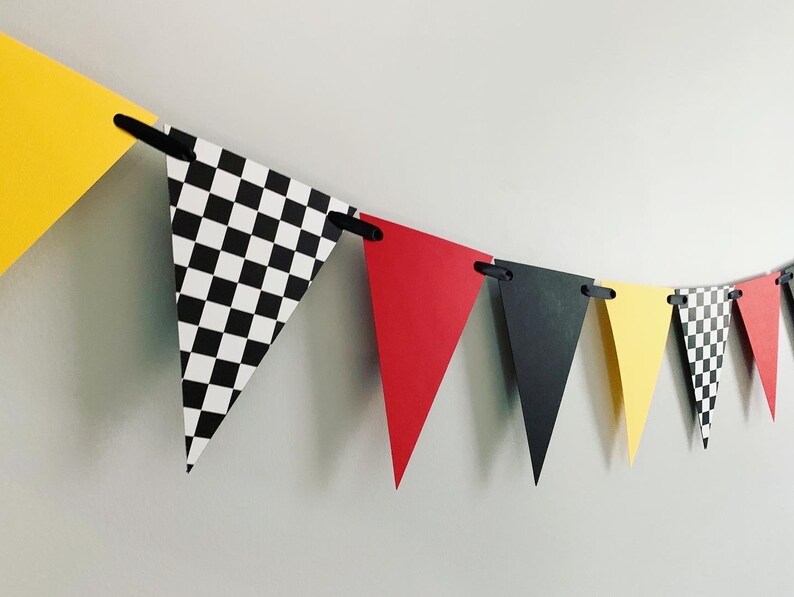 Checkered Flag Racing Pennant Banner, Race Car Birthday Decor, Motocross Decorations, Fast One, Two Fast, Winner's Circle, Racing Bedroom Red & Yellow