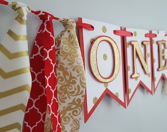 red and gold high chair banner*red and gold birthday*red and gold ONE banner*minnie mouse first birthday*royal baby shower*royal red gold