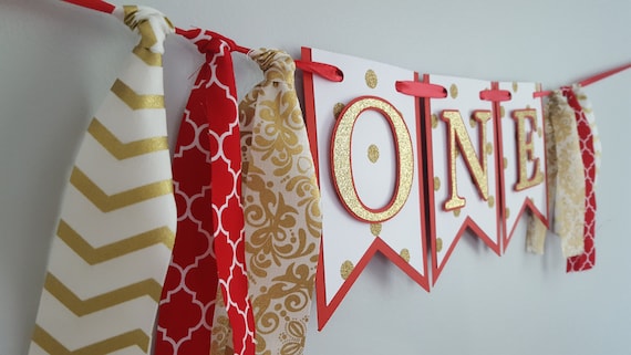 red and gold high chair banner*red and gold birthday*red and gold ONE banner*minnie mouse first birthday*royal baby shower*royal red gold Il_570xn