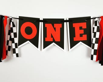 race car birthday decorations, red race car high chair banner, checkered flag racing birthday decorations, race car first birthday