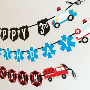 first responders emergency vehicle happy birthday banner featuring police car and badges, EMT ambulance and emblem, firetruck and fire emblem