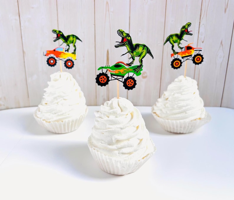 monster truck and t-rex cupcake toppers featuring dragon, megalodon, el toro loco, tornado and grave digger