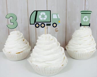 trash truck cupcake toppers, recycling truck birthday, garbage truck birthday, recycling cupcake toppers, loads of fun birthday
