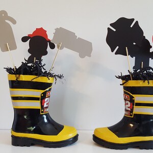 firefighter centerpiece birthday decorations featuring a firetruck, emblem with age, flame, fire hydrant, dalmatian and fire extinguisher