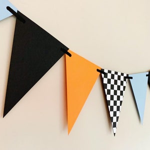 McLaren inspired racing birthday decor, formula one, fast one, race car, checkered flag pennant banner, McLaren inspired bedroom decor